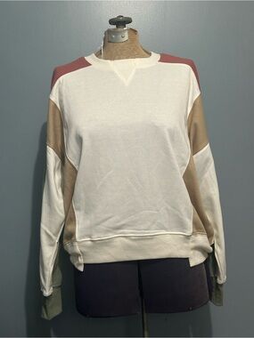 Colorblock Crewneck Sweater - Cream, Tan, Rust & Green - Small